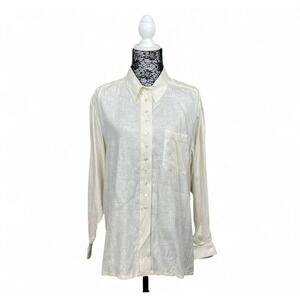 Vintage Linen Button Front Tunic Shirt Medium Natural Long Sleeve Minimalist